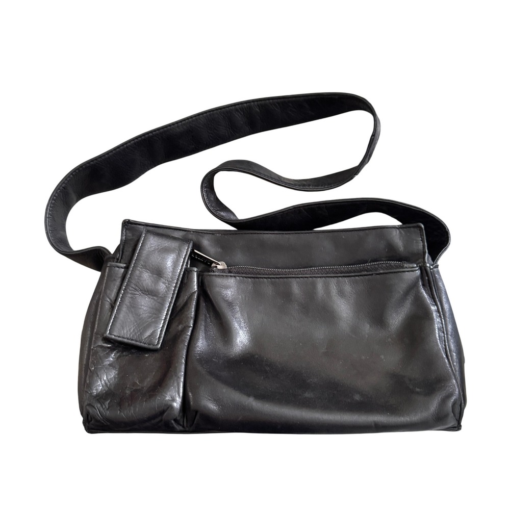 Danier Black‎ Genuine Leather Multi Pocket Shoulder Bag Utility Crossbody Purse